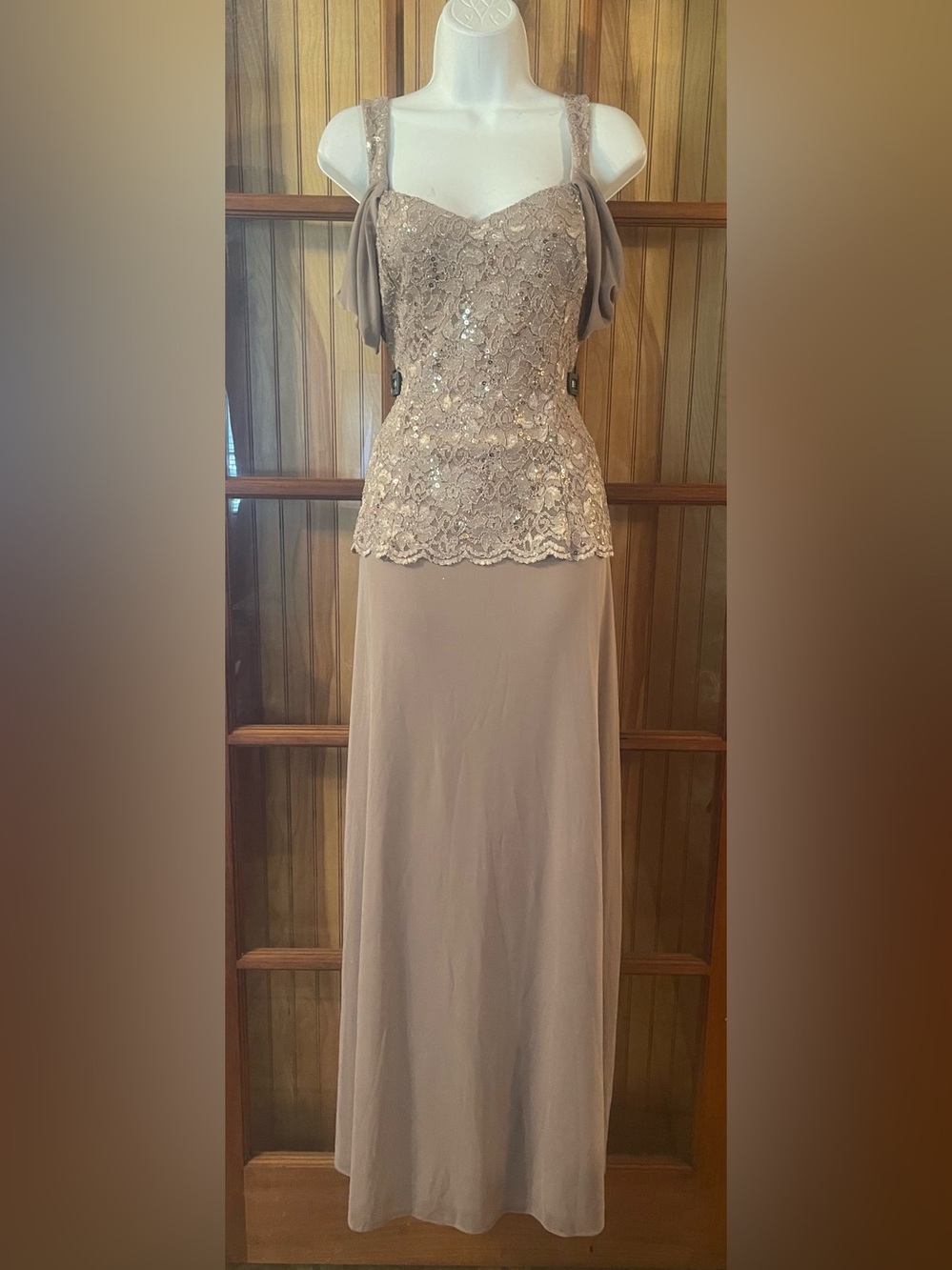 Onyx Nite Taupe Lace & Sequin Maxi Dress
